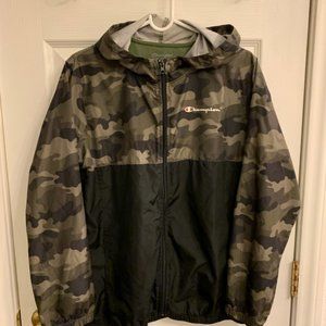 Champion Jacket Youth Black Windbreaker Camouflage Hooded Kids Boys Size L